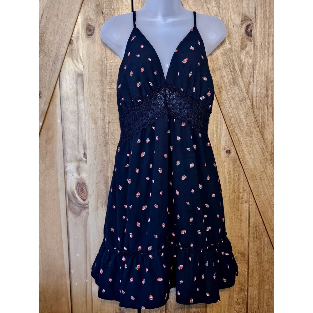 Whimsigoth Strawberry‎ Print Mini Dress XL Black Flowy Romantic Summer #744